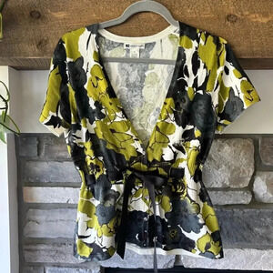 Valerie Bertinelli Sweater womens M Black Green Floral art shaggy tweed